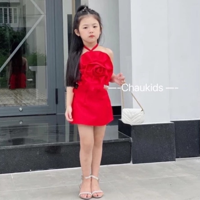 Set bé gái, Set bộ áo cổ yếm hoa hồng chân váy tafta có lót quần siêu đáng yêu cho bé gái SB109