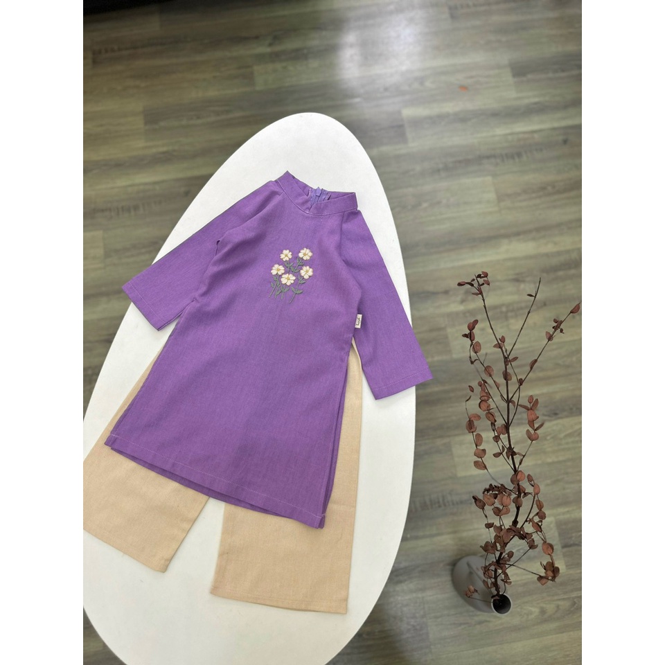 Áo dài linen Harifa thêu hoa ngực 5 màu Bé gái size 1 - 6y