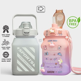 Bình nước 1,5lít tặng Sticker dành cho người lười uống nước Fan House bình nước cute 1,5L có ống hút, vạch chia nhắc giờ