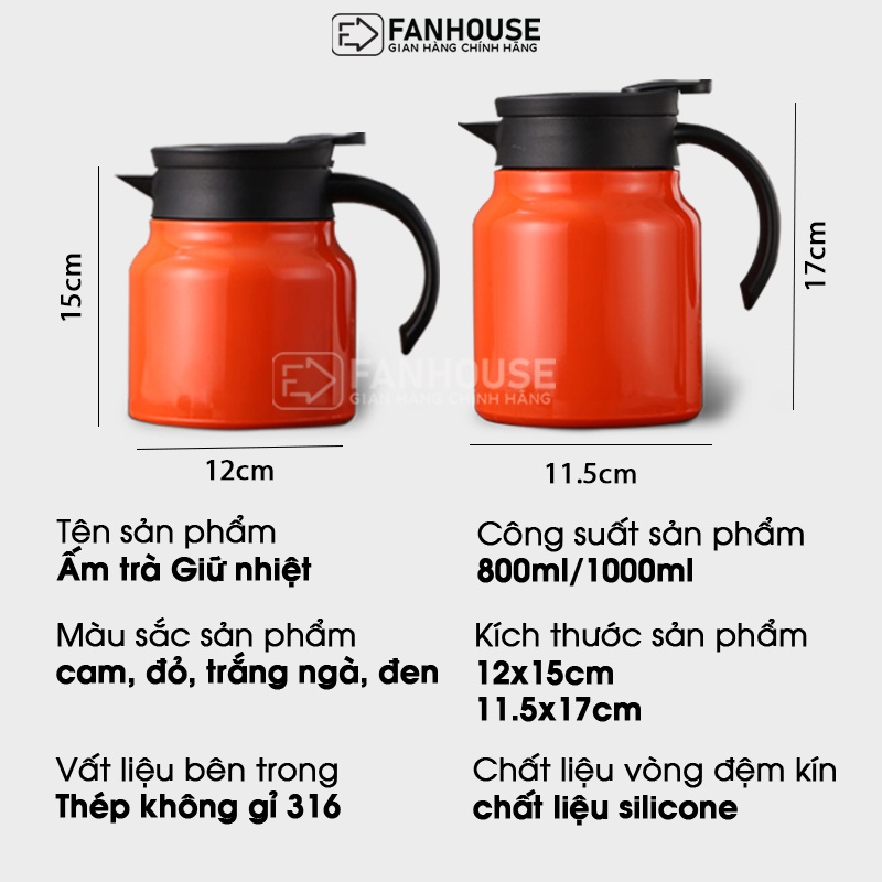 Ấm giữ nhiệt pha trà Inox 316 cao cấp 1000ml cốc nước giữ nhiệt thể thao Fan House bình nước chống xước