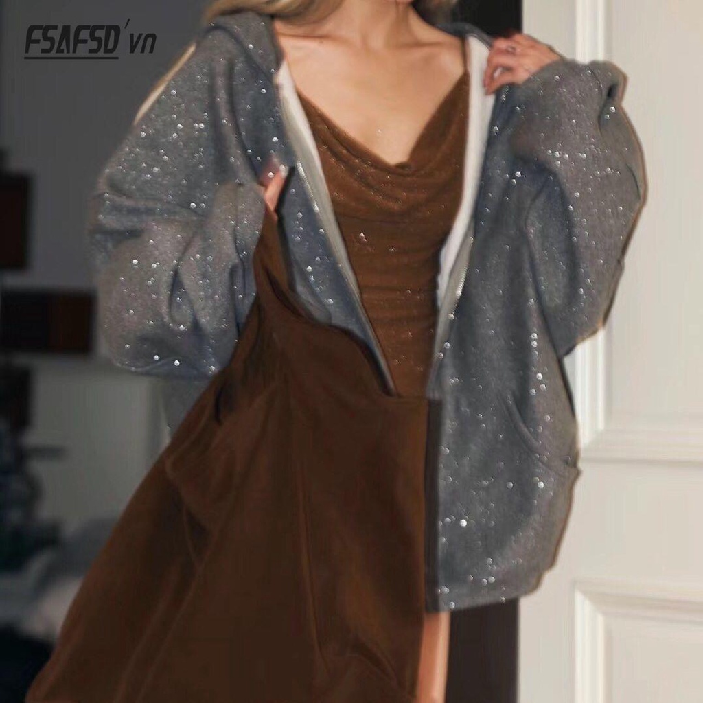 Áo Khoác Sweater Có Mũ Họa Tiết galaxy Lấp Lánh Thời Trang Thu Đông