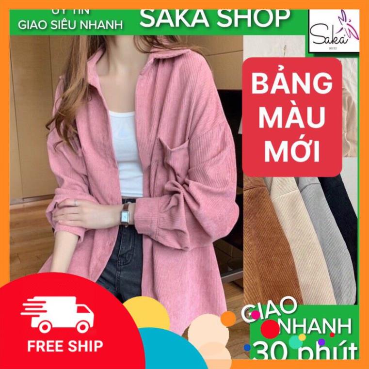 ss  Áo sơ mi nhung tăm nữ nam unisex dáng rộng tay dài phồng , áo khoác nhung tăm nam nữ unisex SaKa Shop