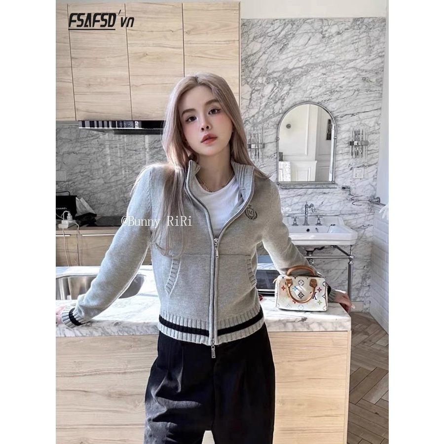 Áo Khoác cardigan Dệt Kim Dáng Ngắn Thêu Họa Tiết Màu Sắc Tương Phản Thời Trang Mùa Thu 2023 Cho Nữ