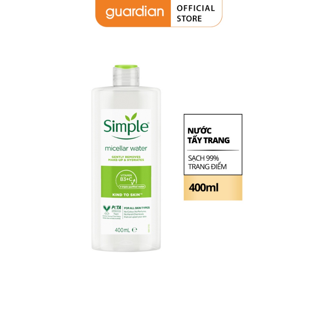 Nước Tẩy Trang Simple Cấp Ẩm Nhẹ Nhàng Làm Sạch Trang Điểm Micellar Cleasing Water 400ml