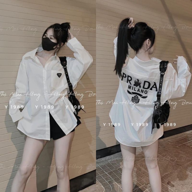 Áo sơ mi trắng Pra.da vạt tôm kèm ảnh thật