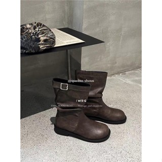 Giày Bốt martin Cổ Ngắn Mũi Tròn Màu Nâu Phong Cách Hàn Quốc Thời Trang Xuân Thu Hàng Mới 2023