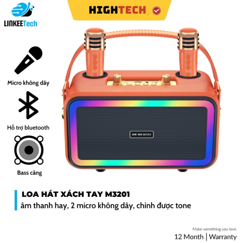 Loa Bluetooth Karaoke M3201 không dây công suất lớn kèm 2 mic không dây Led rgb nháy theo nhạc - HIGHTECH