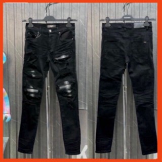 Quần Jean Nam Amiri Likeauth rách xù đùi gối vá vải nhăn sọc đen trắng 4 cúc Quần bò 4 khuy Đen Vá Nhăn 999