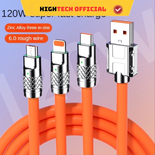 Cáp Sạc Nhanh 3 Trong 1 6A Cổng Type C Bằng Silicone Và Hợp Kim Kẽm- TECHHIGH
