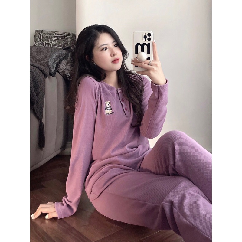 Bộ nỉ tăm nhung tím gấu whou cho nữ