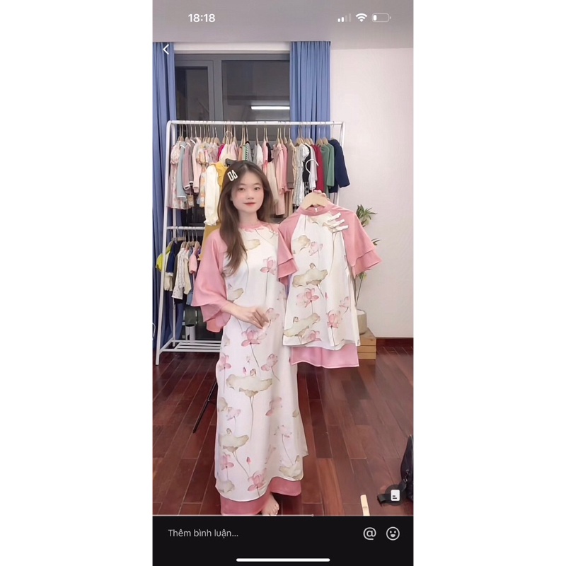 Áo dài lụa nhăn hồng hình hoa sen cho mẹ và bé hot