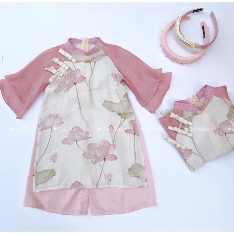 Áo dài lụa nhăn hồng hình hoa sen cho mẹ và bé hot