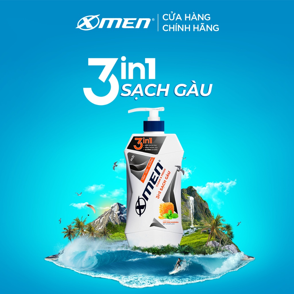 Combo Tắm Gội Dưỡng Xmen Clean & Fresh 3in1 Sạch Gàu 610g + Sáp tạo kiểu tóc Xmen Salon Solution Hard Wax 70g
