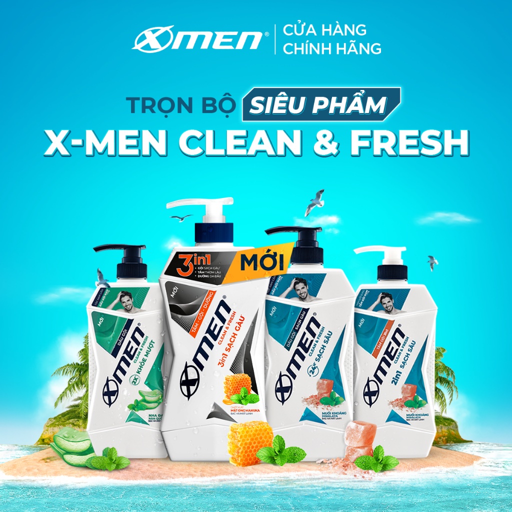 Combo Tắm Gội Dưỡng Xmen Clean & Fresh 3in1 Sạch Gàu 610g + Sữa Rửa Mặt Xmen Anti Acne 100g