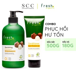 Combo Dầu gội + Dầu xả Fresh Organic Phục hồi hư tổn chiết xuất hạt Macca hữu cơ 500g + 180g