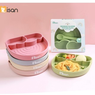 Khay ăn dặm cho bé silicon chống đổ có đế hít kèm thìa hình cầu vồng Misan, khay đựng đồ ăn dặm 3 ngăn blw MAsha