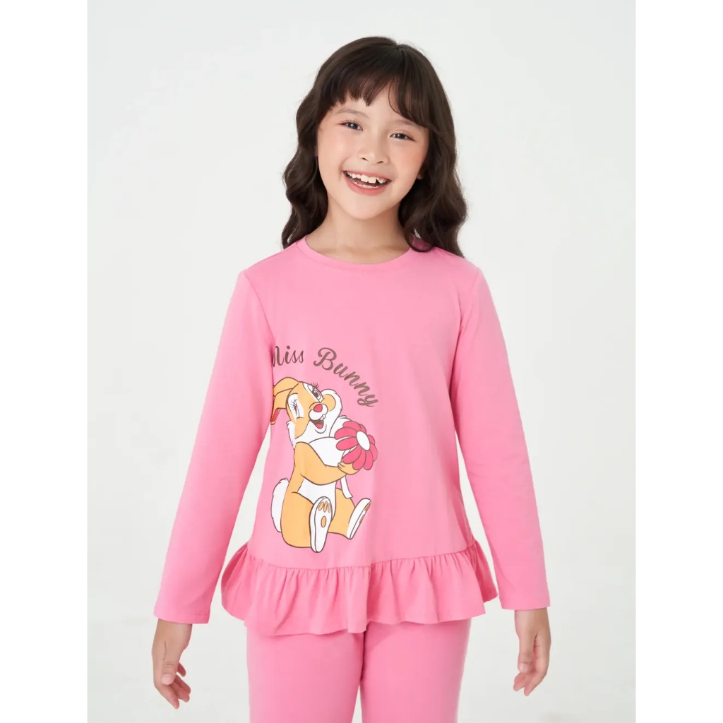 Bộ mặc nhà bé gái CANIFA áo dài tay cổ tròn vạt bèo nhún quần dài 1LS23W010