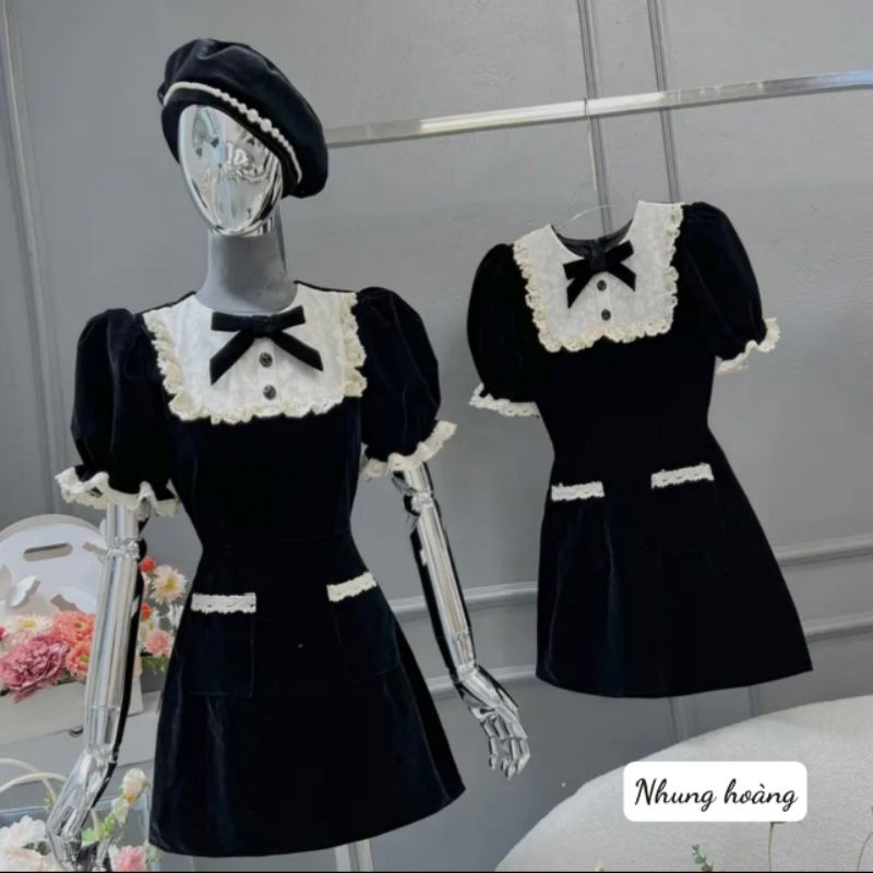 Đầm nhung váy nhung mix ren viền cổ tiểu thư
