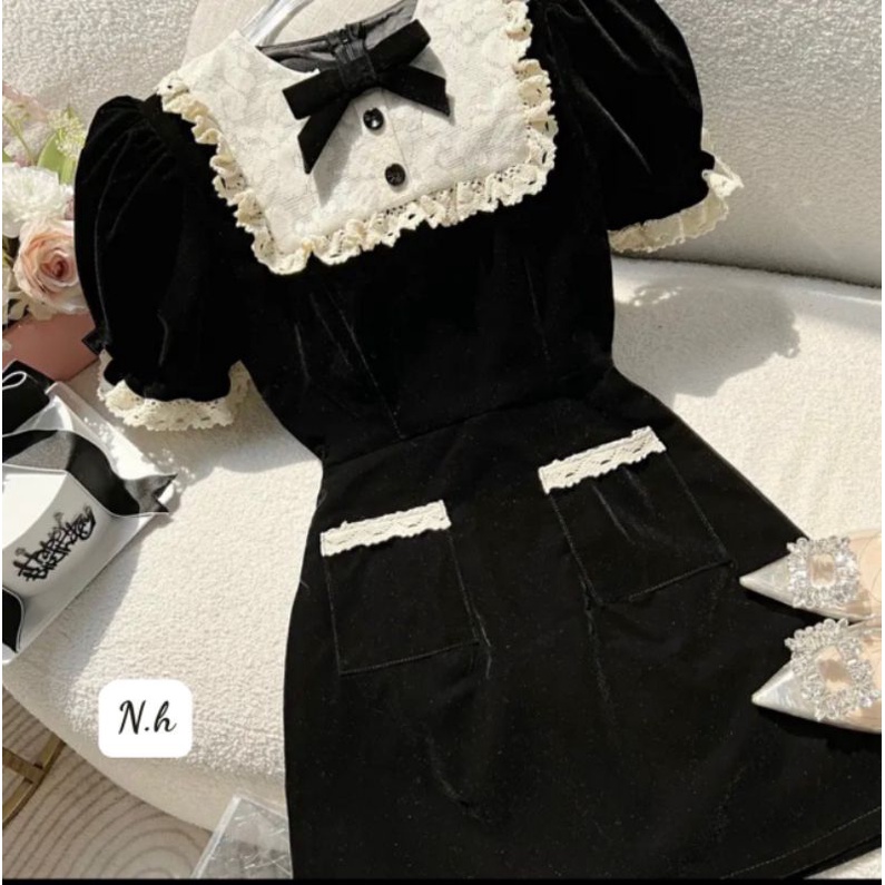 Đầm nhung váy nhung mix ren viền cổ tiểu thư