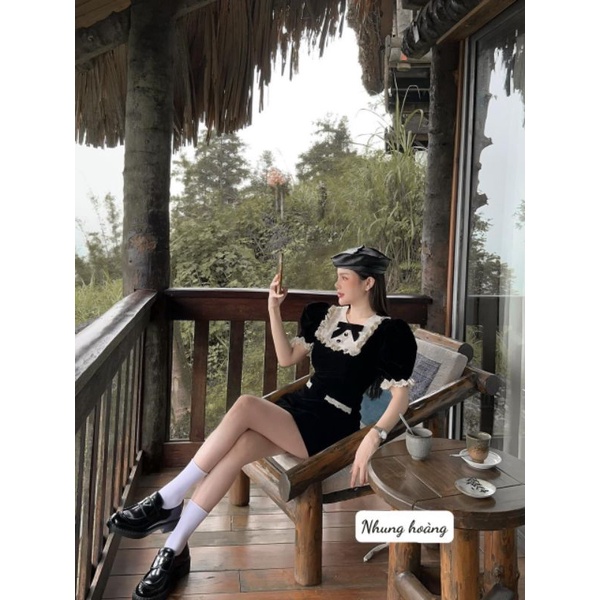 Đầm nhung váy nhung mix ren viền cổ tiểu thư