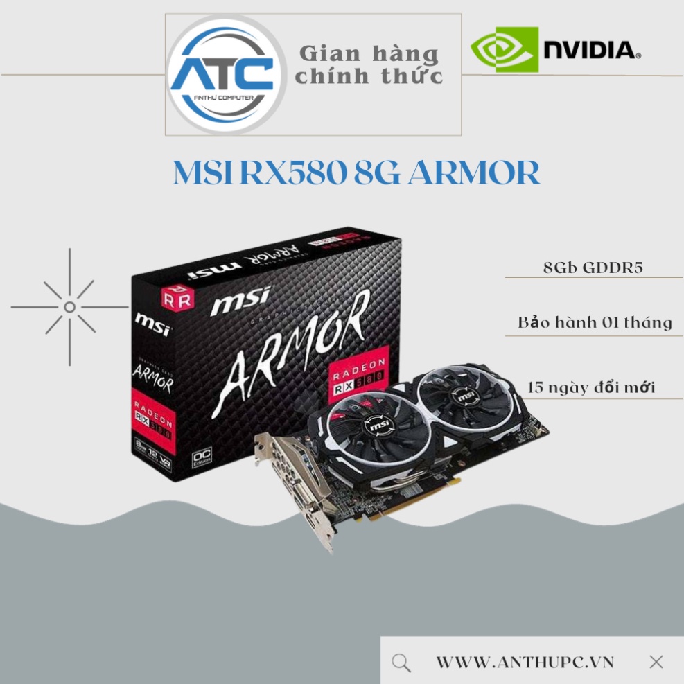 VGA MSI ARMOR RX580 8GB 2 Fan cũ