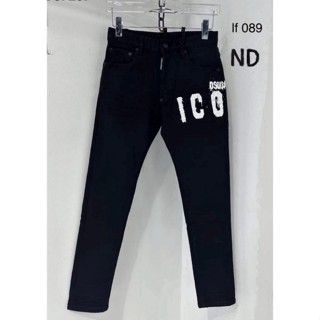 Quần jean bò nam Dsq2 đen trơn in chữ ICON trắng ngang đùi dáng slimfit đơn giản đi học boy phố