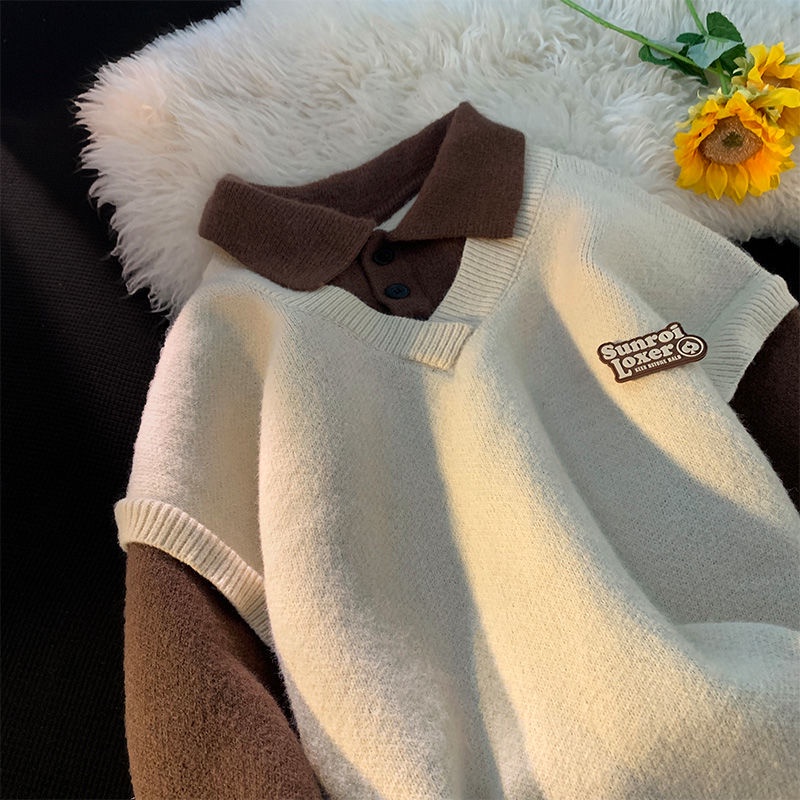 Áo sweater Giả Hai Lớp Dáng Rộng Phong Cách hong kong Thời Trang Thu Đông Mới Cho Nam
