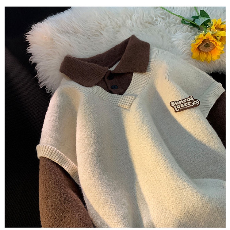 Áo sweater Giả Hai Lớp Dáng Rộng Phong Cách hong kong Thời Trang Thu Đông Mới Cho Nam