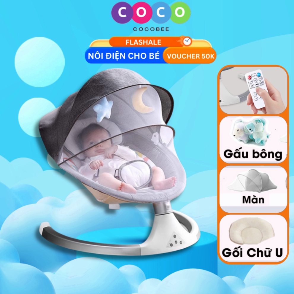 Nôi điện tự động bập bênh cao cấp COCOBEE có thể gấp gọn đa năng, điều khiển từ xa, có phát nhạc