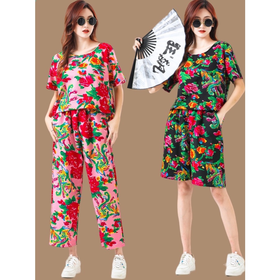 Northeast Bộ Đồ Ngắn Tay In Hoa Lớn Phong Cách hip hop Thời Trang Mùa Hè Cho Phù Dâu / Tiệc Tùng