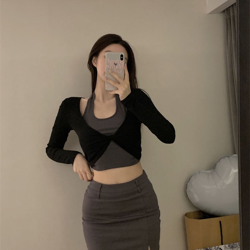 Áo Thun Tay Dài Giả Hai Mảnh Dáng Ôm Hở Xương Quai Xanh Mát Mẻ Cho Nữ / 11.2