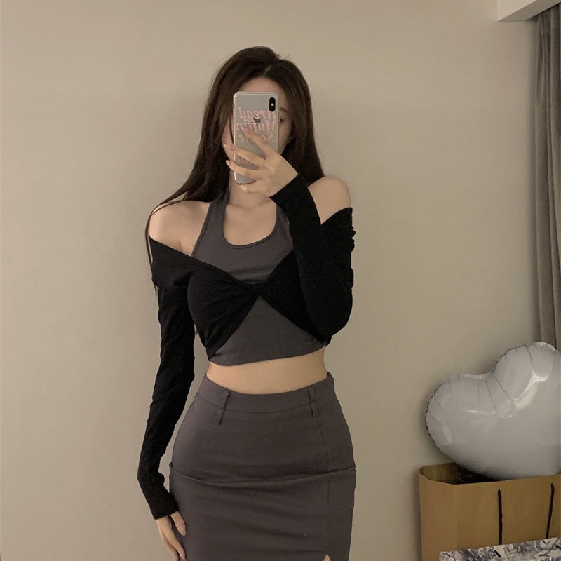 Áo Thun Tay Dài Giả Hai Mảnh Dáng Ôm Hở Xương Quai Xanh Mát Mẻ Cho Nữ / 11.2