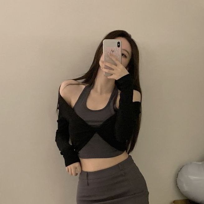 Áo Thun Tay Dài Giả Hai Mảnh Dáng Ôm Hở Xương Quai Xanh Mát Mẻ Cho Nữ / 11.2