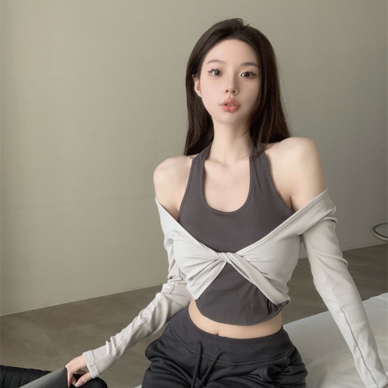 Áo Thun Tay Dài Giả Hai Mảnh Dáng Ôm Hở Xương Quai Xanh Mát Mẻ Cho Nữ / 11.2