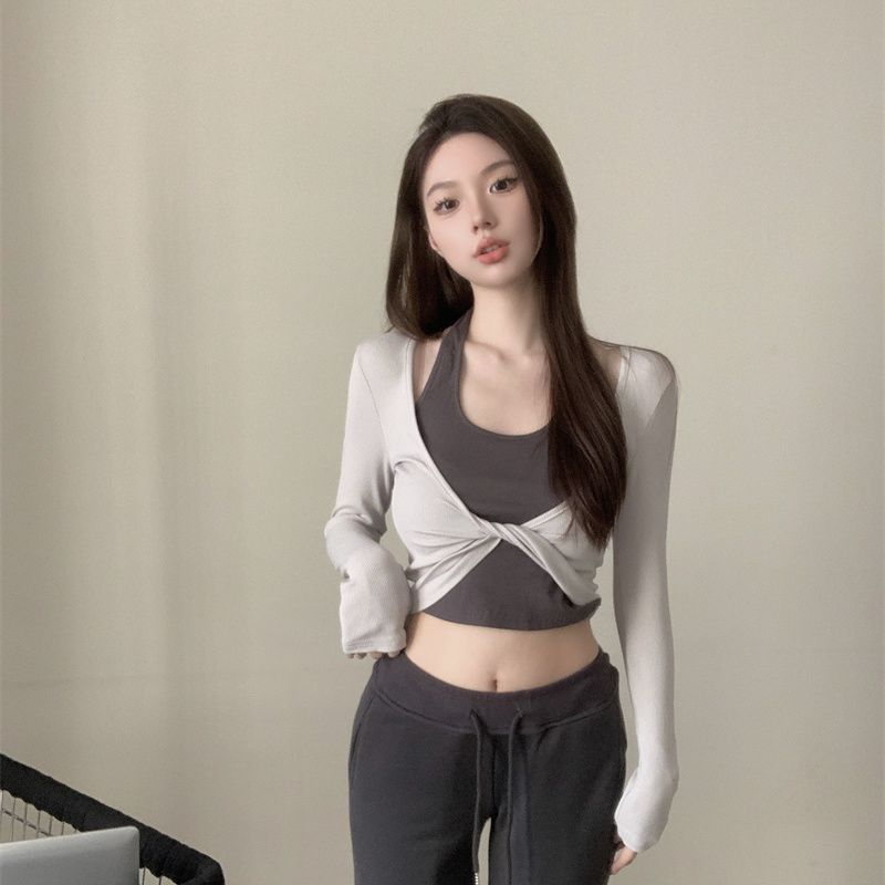 Áo Thun Tay Dài Giả Hai Mảnh Dáng Ôm Hở Xương Quai Xanh Mát Mẻ Cho Nữ / 11.2