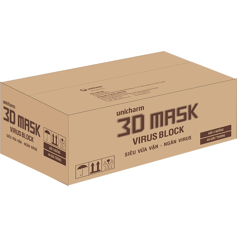 Thùng Khẩu Trang Unicharm 3D Mask Virus Block Ngăn Virus (48 Gói , 5 cái/ gói )