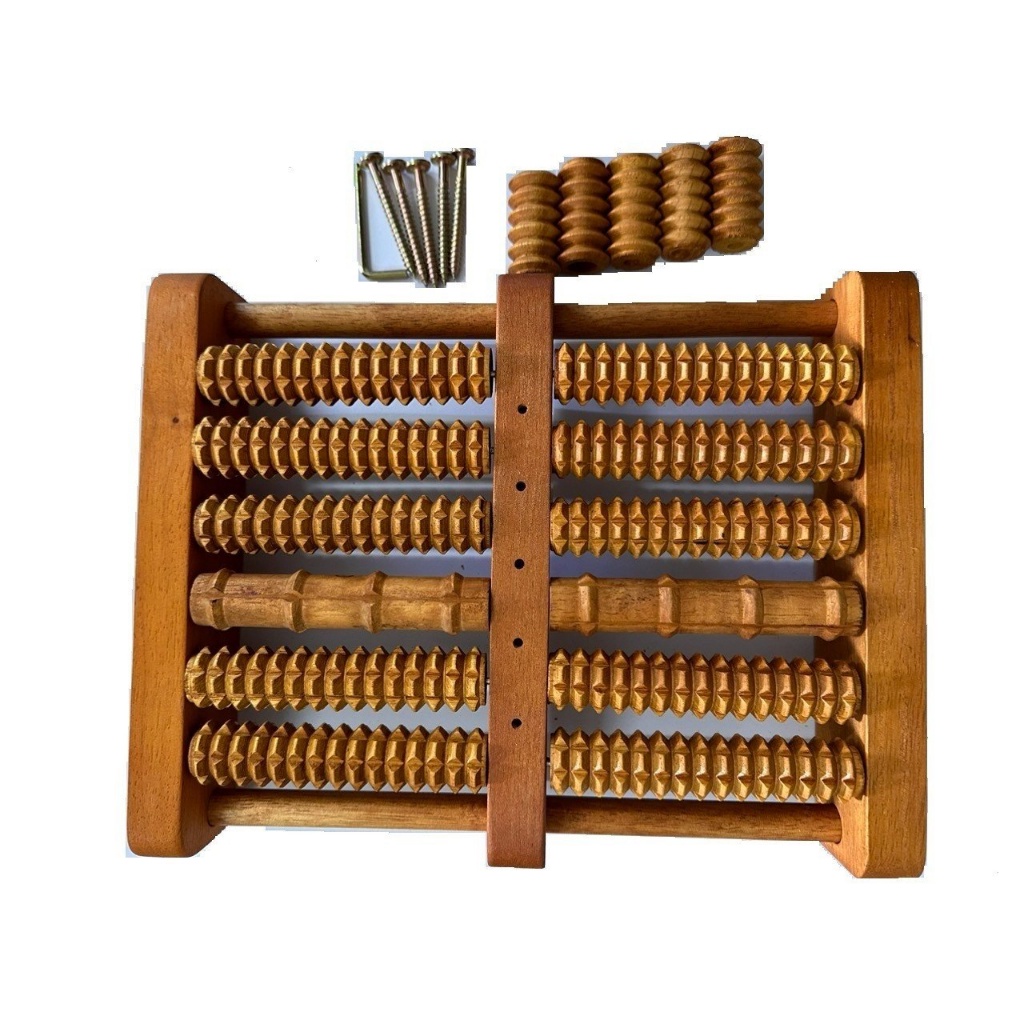 Bàn lăn chân gỗ Massage 6 hàng gỗ cao su tự nhiên, matxa huyệt đạo