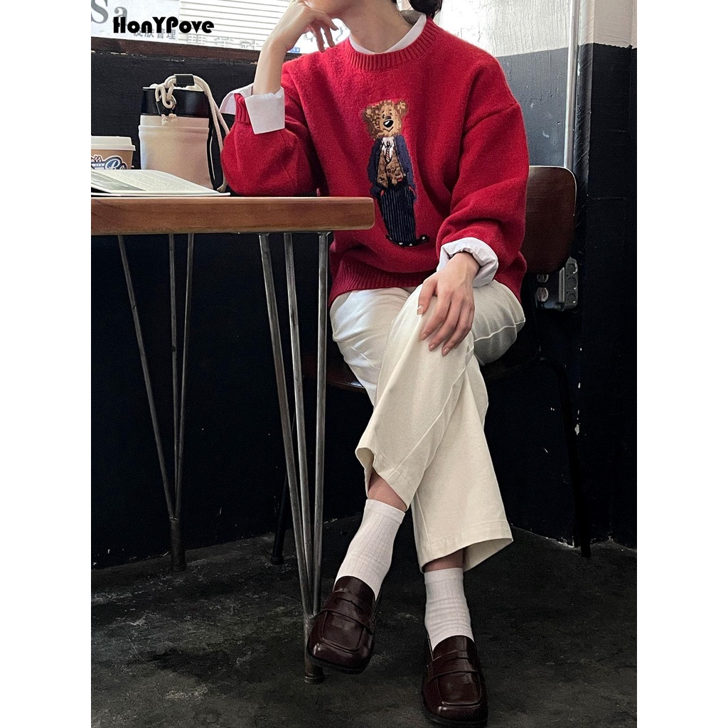 Honypove Áo sweater Dệt Kim Cổ Tròn Dáng Rộng Thời Trang Thu Đông Mới Cho Nữ