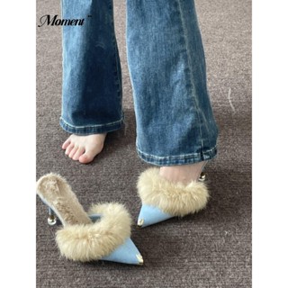 Dép Cao Gót Mũi Nhọn Phối Lông Thời Trang Thu Đông Cho Nữ
