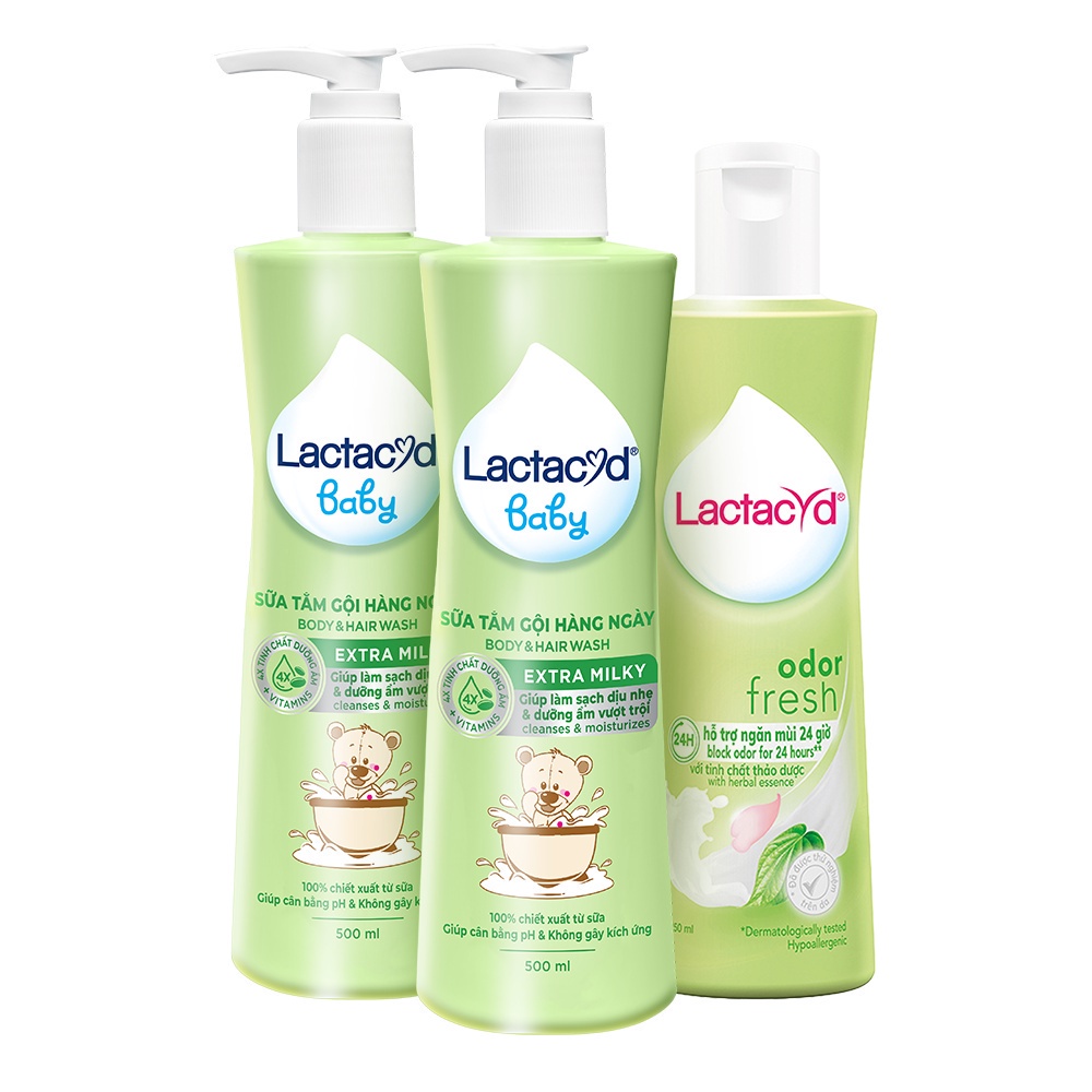 Bộ 2 Sữa Tắm Gội Trẻ Em Lactacyd Milky Bảo Vệ, Nuôi Dưỡng Da & Tóc Bé 500ml + Dung Dịch Vệ Sinh Phụ Nữ Odor Fresh 250ml