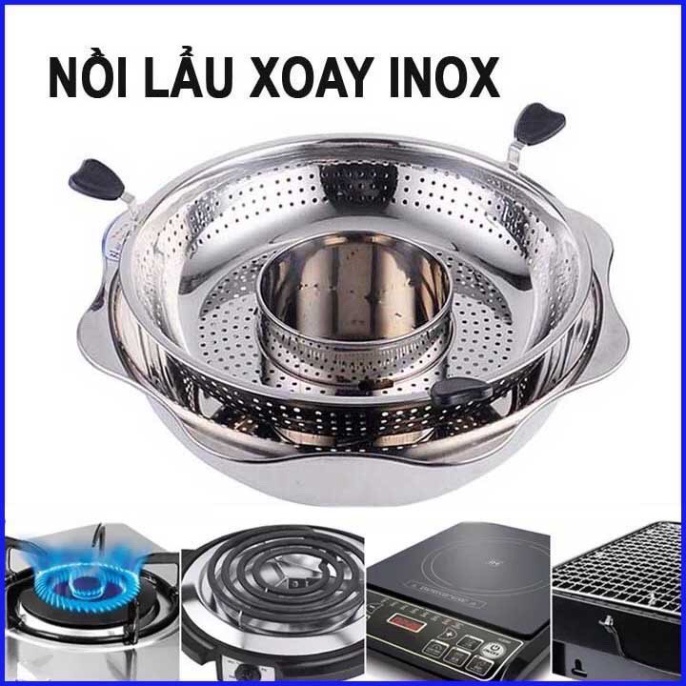 Nồi lẩu xoay inox 2 tầng Hàn Quốc🍀FREESHIP🍀Nồi lẩu xoay 2 tầng inox không kén bếp dùng được cả bếp từ và bếp gas