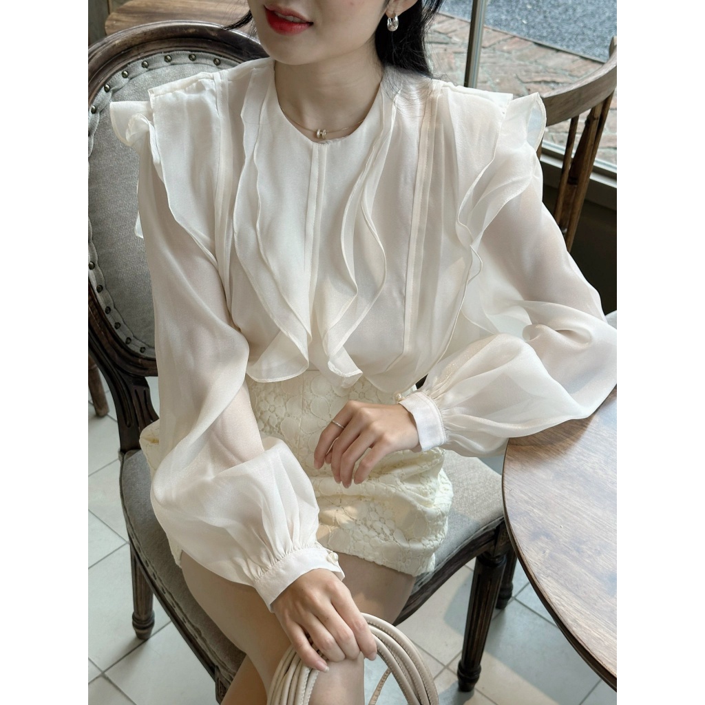 RECHIC Áo kiểu Jessy dáng sơ mi bèo ngực tay bồng nút cài tiểu thư tinh tế