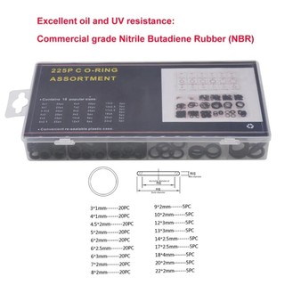 Bộ 225 chiếc vòng chữ o cao su nitrile màu đen có hộp, vòng đệm dầu các loại vòng đệm vòng đệm ống nước