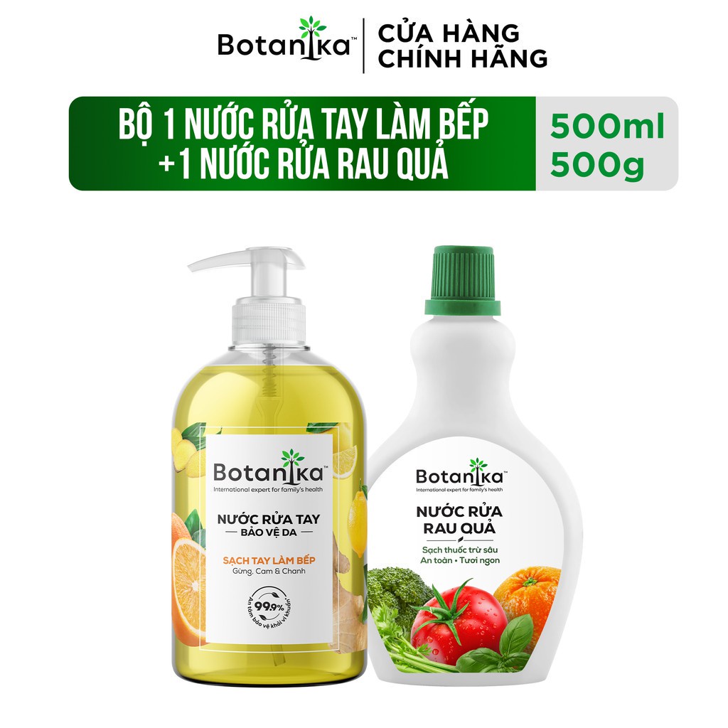 Bộ 1 Nước rửa rau Botanika 500ml (Sạch thuốc trừ sâu. Sạch khuẩn) + 1 Nước rửa tay làm bếp Botanika 500ml