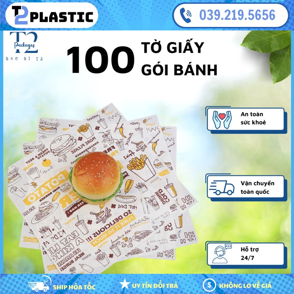 SET 100 tờ giấy gói bánh mỳ/hamburger size 29x30cm hàng cao cấp