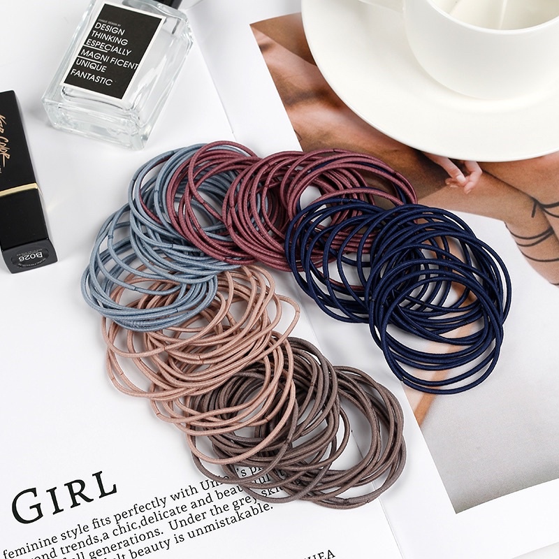 Set 100 Dây Chun Buộc Tóc Trơn Dựng Túi Zip Mix Màu