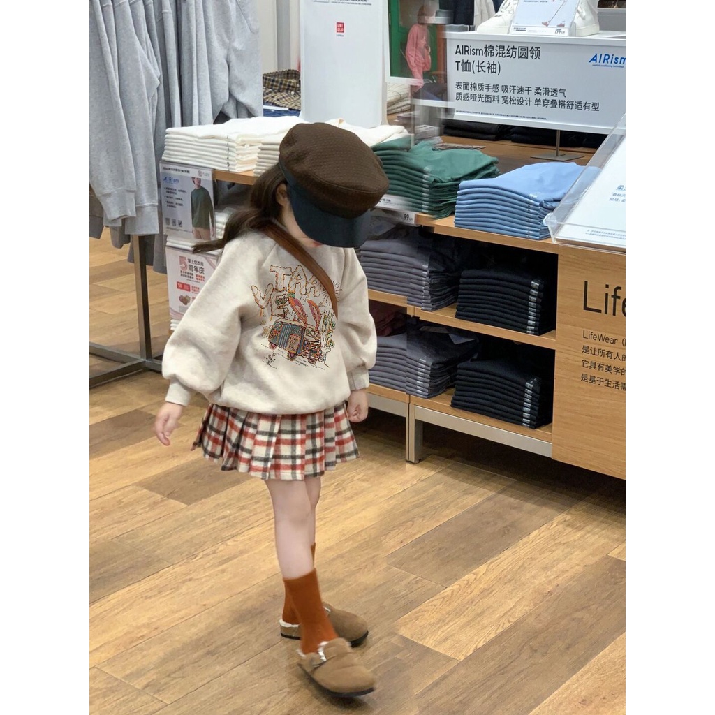 Bộ Áo Sweater Phối Chân Váy Nhung Dài In Họa Tiết Thời Trang Xuân Thu Hàn Quốc 2023 Mới Cho Bé Gái