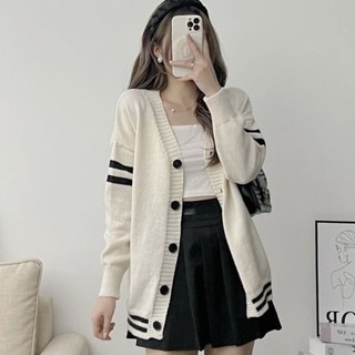 Áo khoác cardigan trắng sọc 2 bên