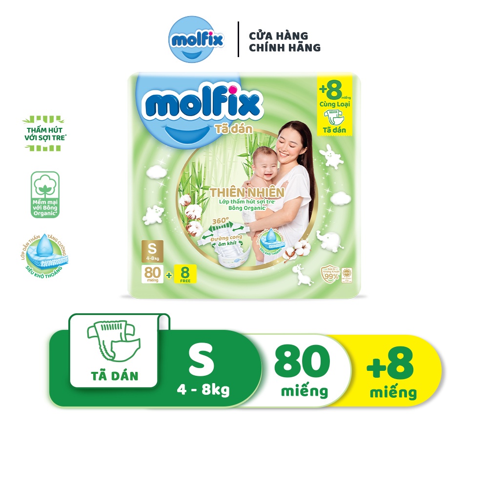 Tã/bỉm dán Molfix Thiên nhiên Super Jumbo S (4kg - 8kg) - C1 - Gói 80+8 miếng