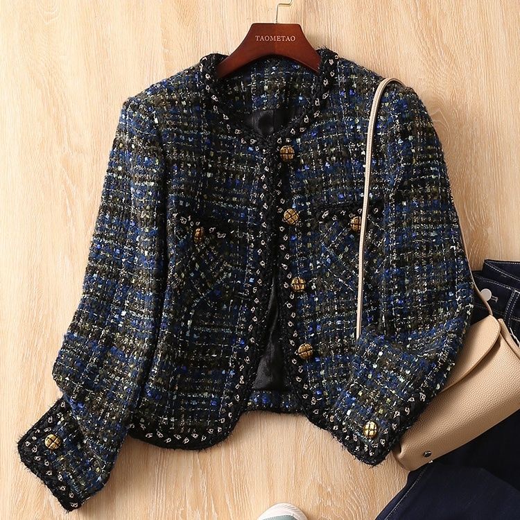 Áo Khoác Nhỏ Nhẹ Pháp Dệt Tay Nhẹ Cổ Tròn Dây Vàng Sang Trọng Chất Lượng Cao Cho Nữ